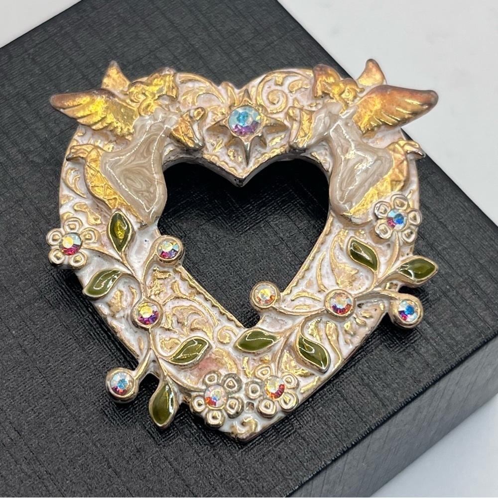 KC VTG 50's Angel Heart AB Enamel Brooch Pin 1.75"